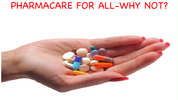 Pharmacare For All - Why not? Woman's outstretched hand holding various pills in her palm